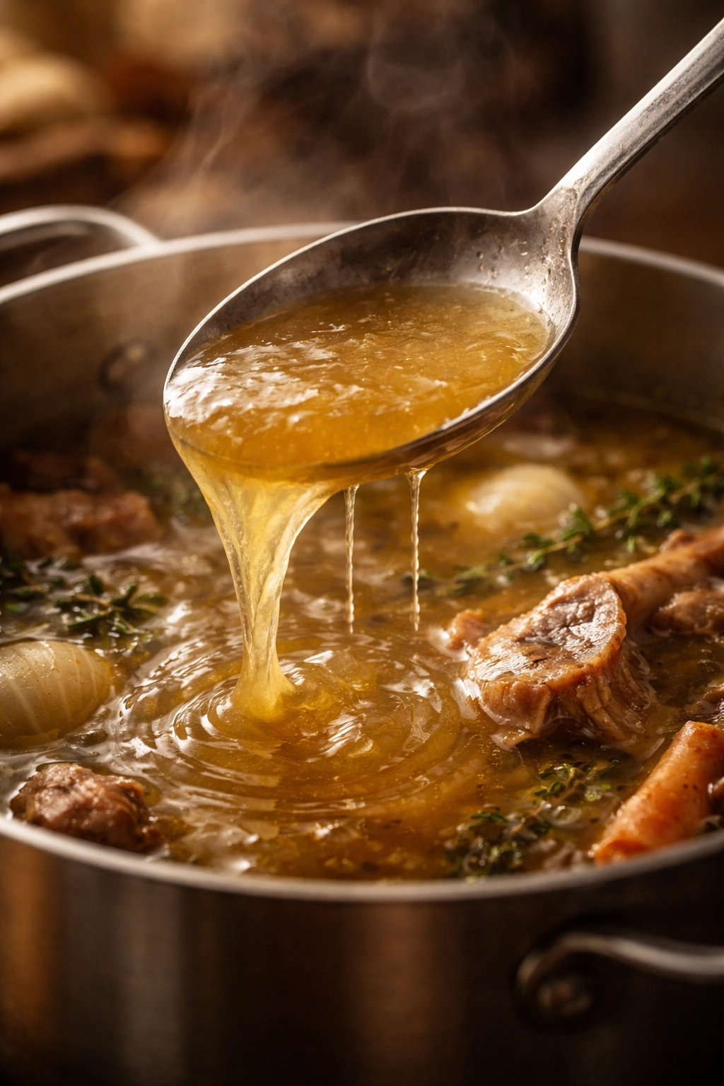 Close-up of a spoon coated with gelatin lifted from a pot of bone broth