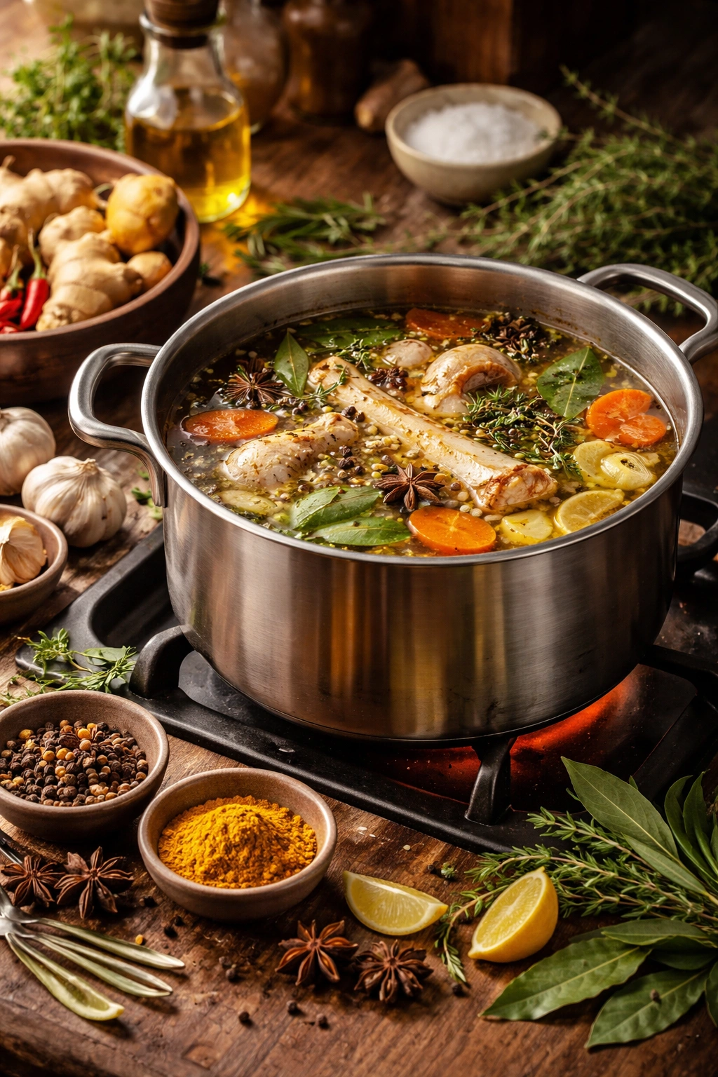 Pot on stove surrounded by herbs and spices for flavor variation