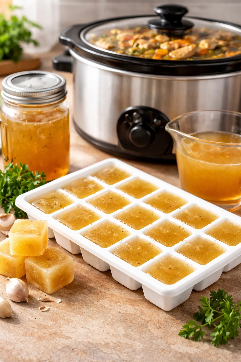 Tray of frozen broth cubes with a slow cooker in the background