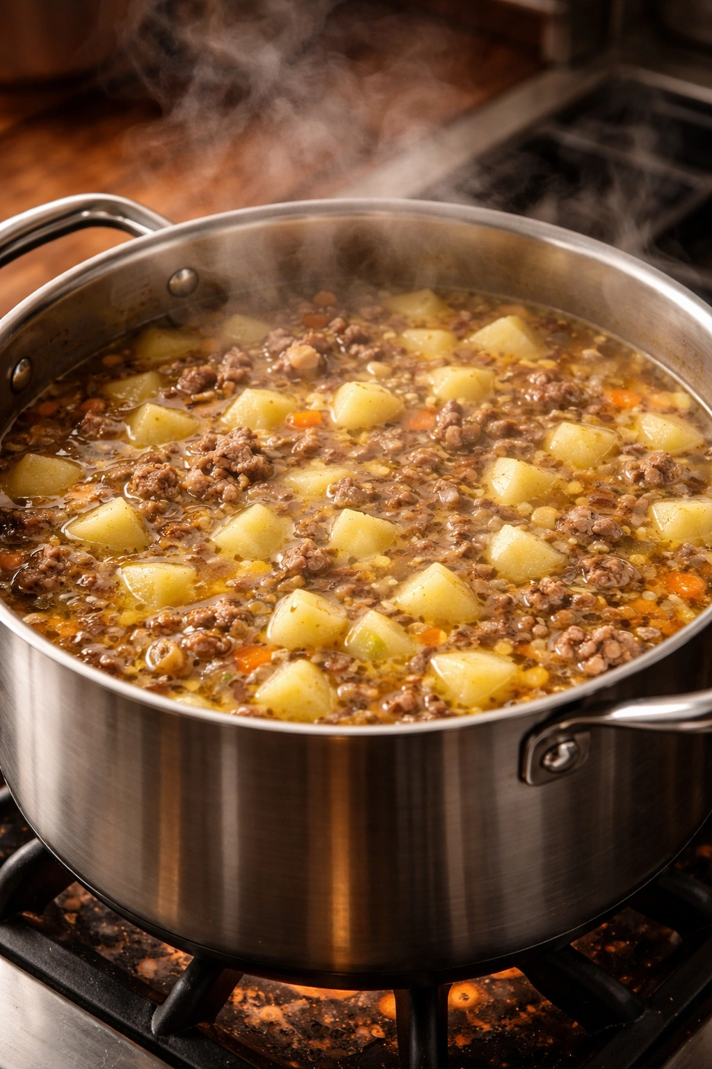 Pot of broth with potatoes simmering on stove