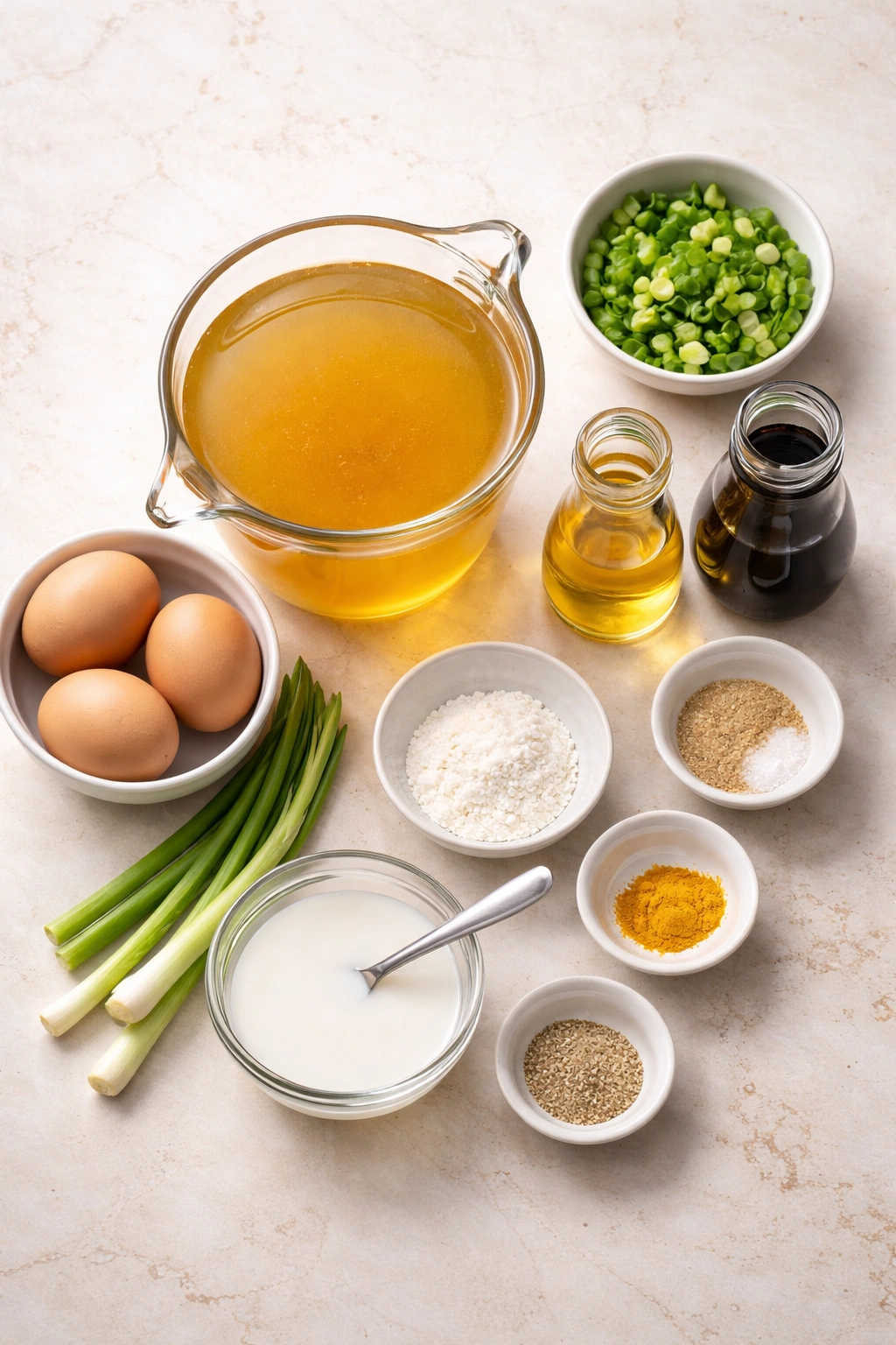 Assortment of ingredients for egg drop soup on a prep surface