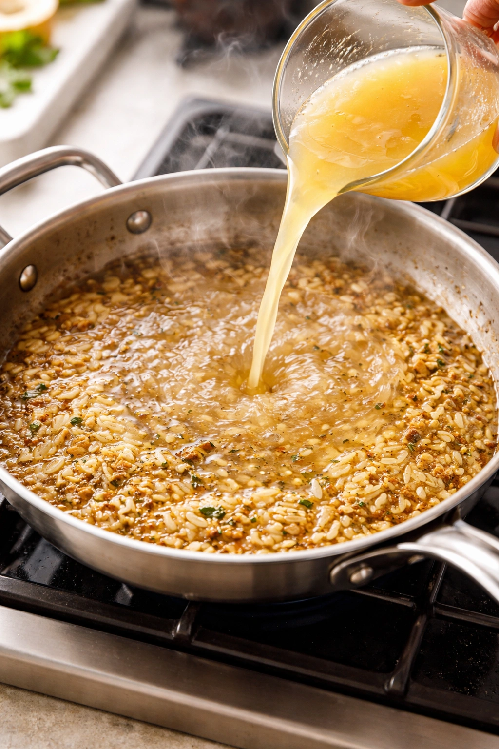 Pan of simmering broth with orzo cooking.