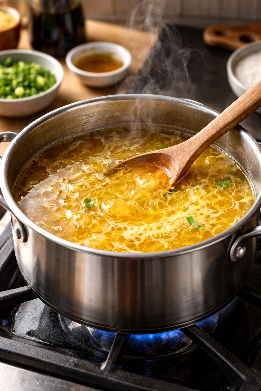 Golden broth simmering in a pot on the stove, ready for eggs and seasonings
