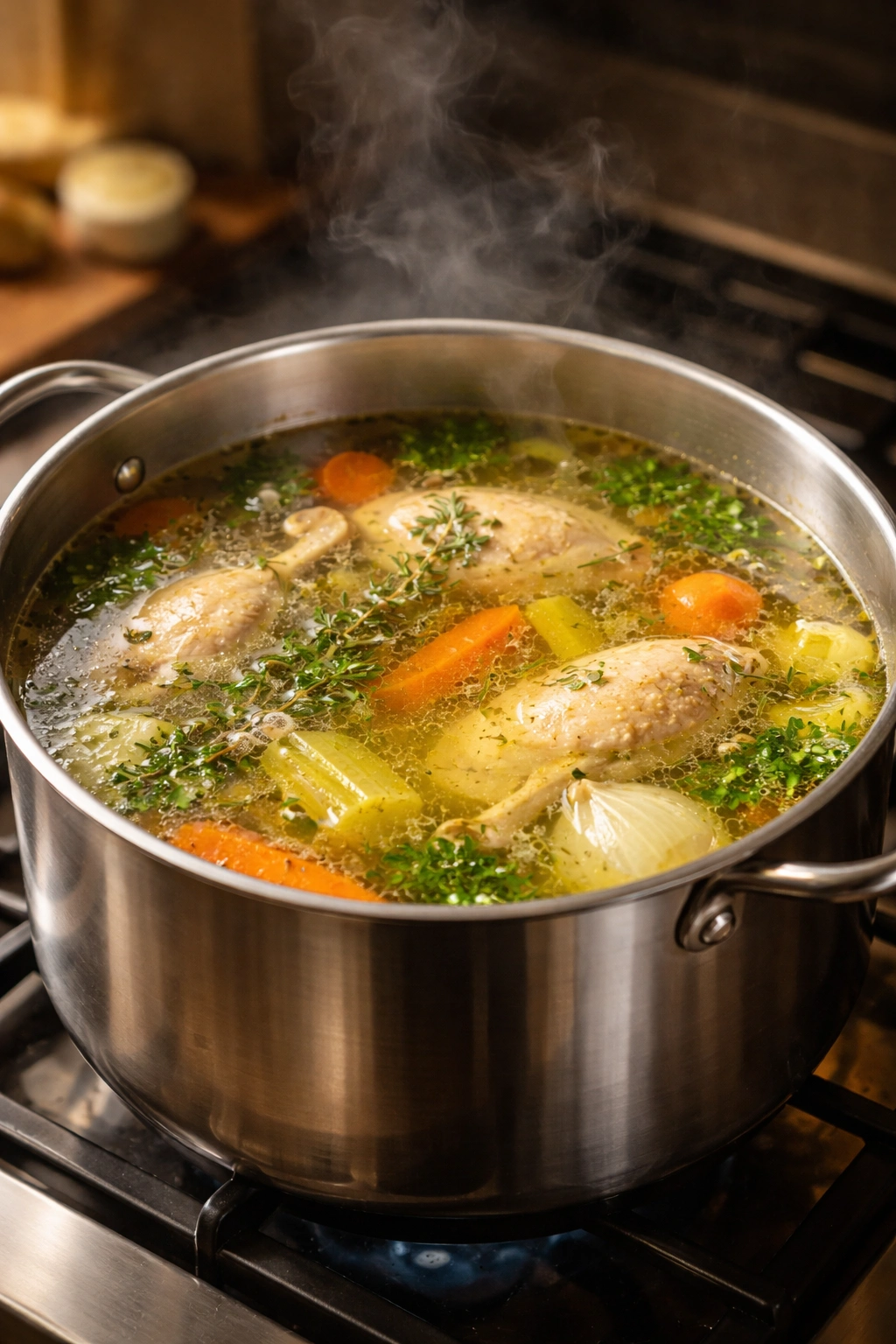 Golden broth simmering in a stock pot with steam