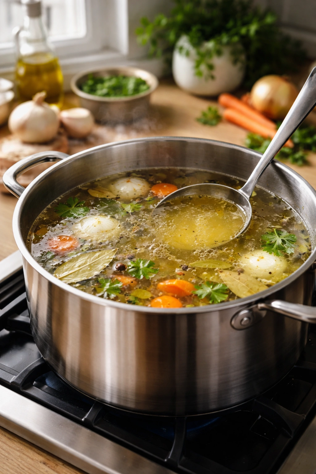 Steam rises from a pot of broth on a stove