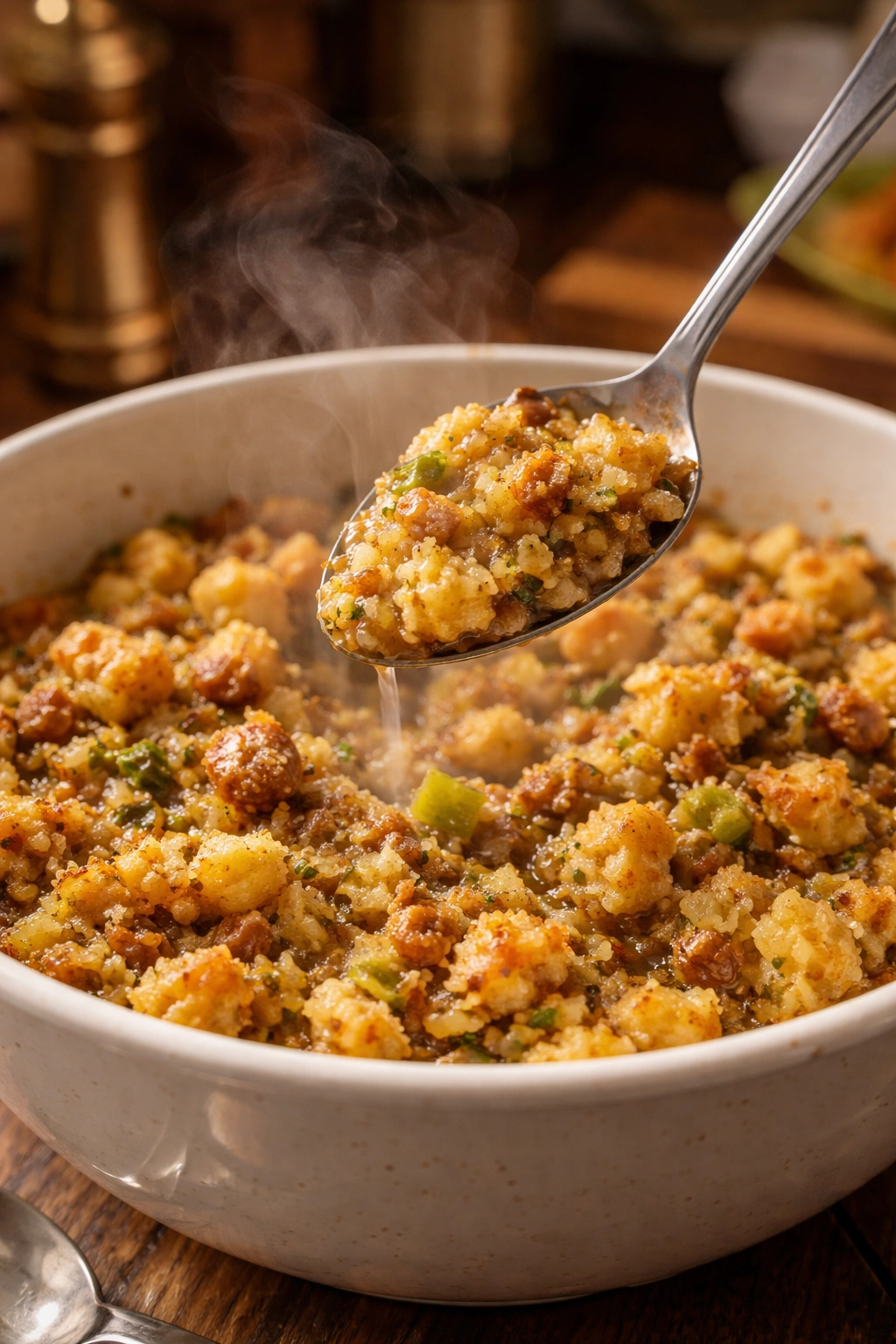 Close-up of tasting a seasoned cornbread-broth blend for depth of flavor