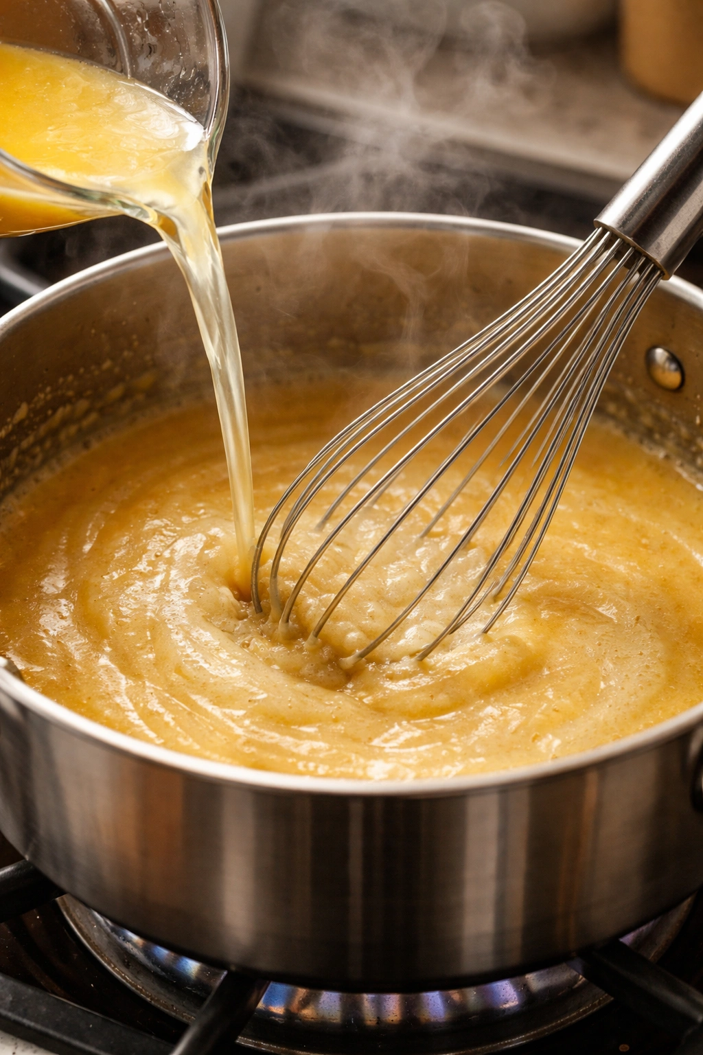 Close-up of whisk blending broth into roux for lump-free soup