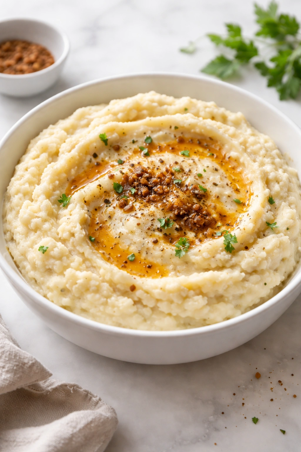 Creamy mashed cauliflower with brown butter drizzle