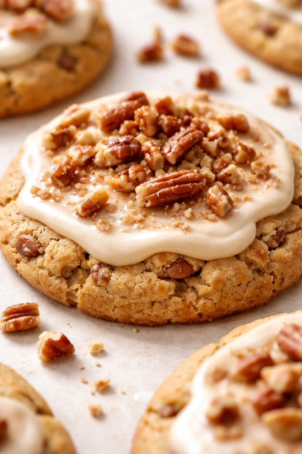 Golden brown cookie with pecan pieces and light glaze