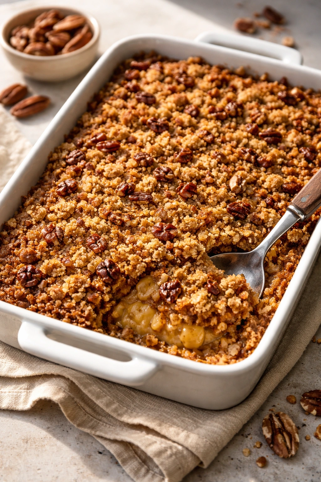 Brown butter pecan dump cake with golden crumb topping and pecans