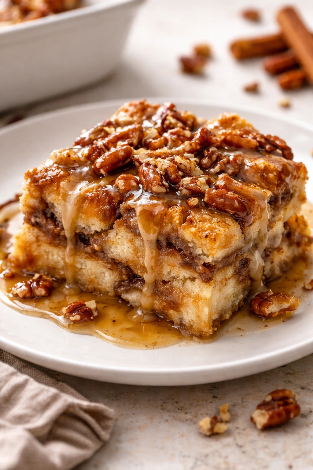 Plated slice with brown butter drizzle and pecans
