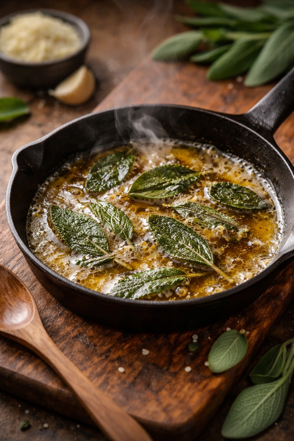 Close-up of golden brown butter and crisp sage in a small skillet