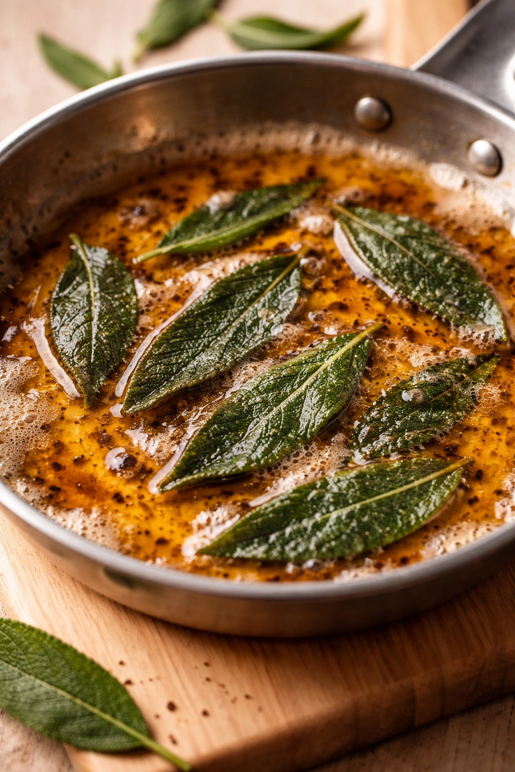 Brown butter with sage leaves on light wood