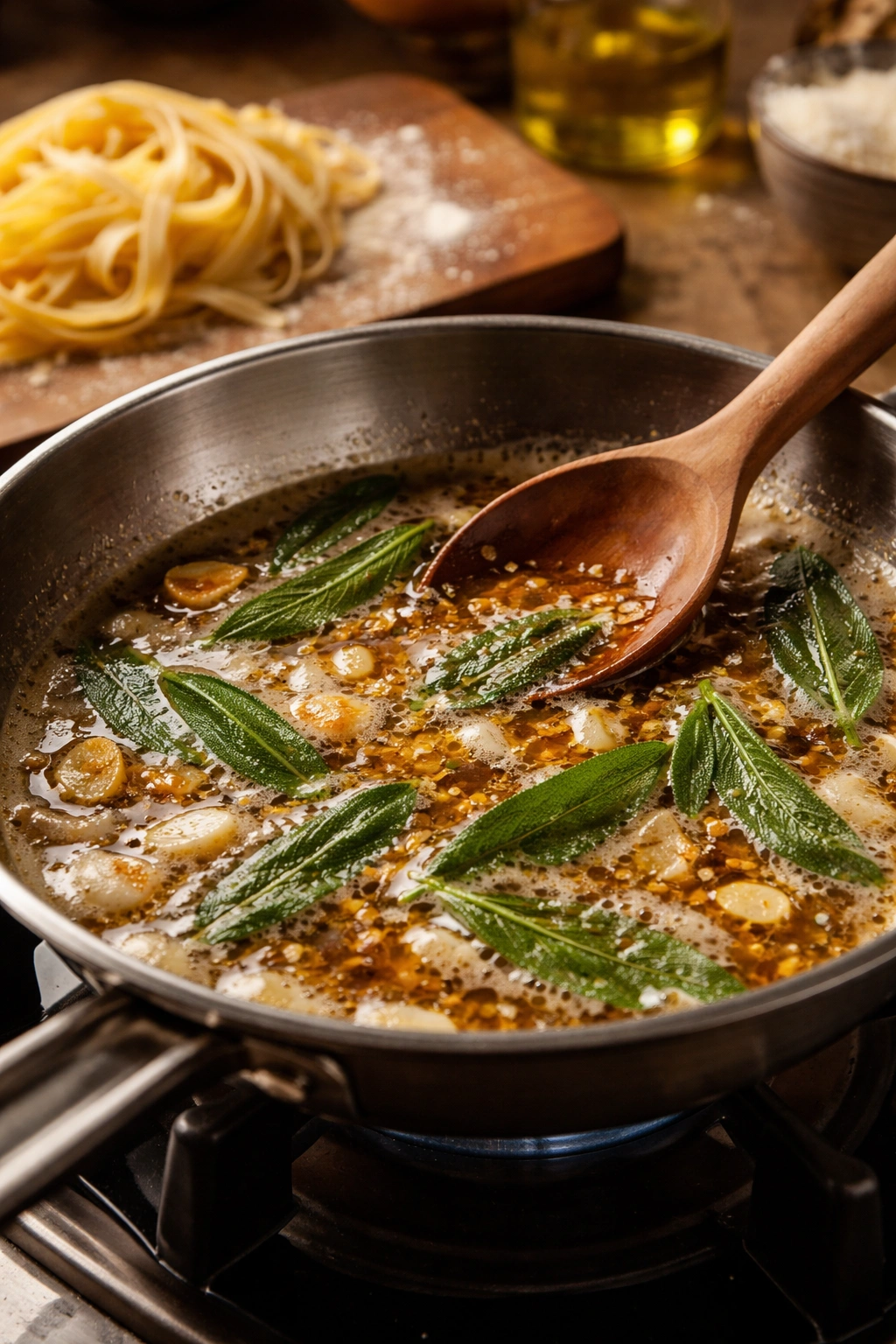 Brown butter sage sauce in a skillet ready to coat pasta