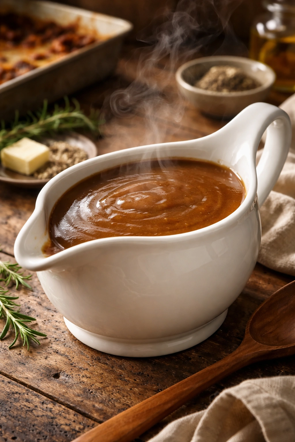 Close-up of glossy brown gravy in a white ceramic boat on wood, steam rising
