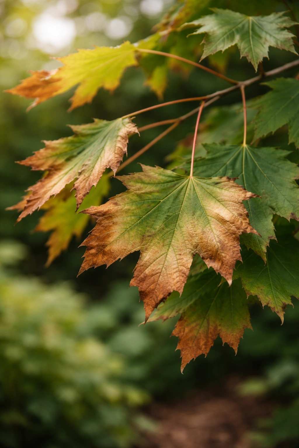 Close-up of browning maple leaves with hints of green on a branch, suggesting recovery