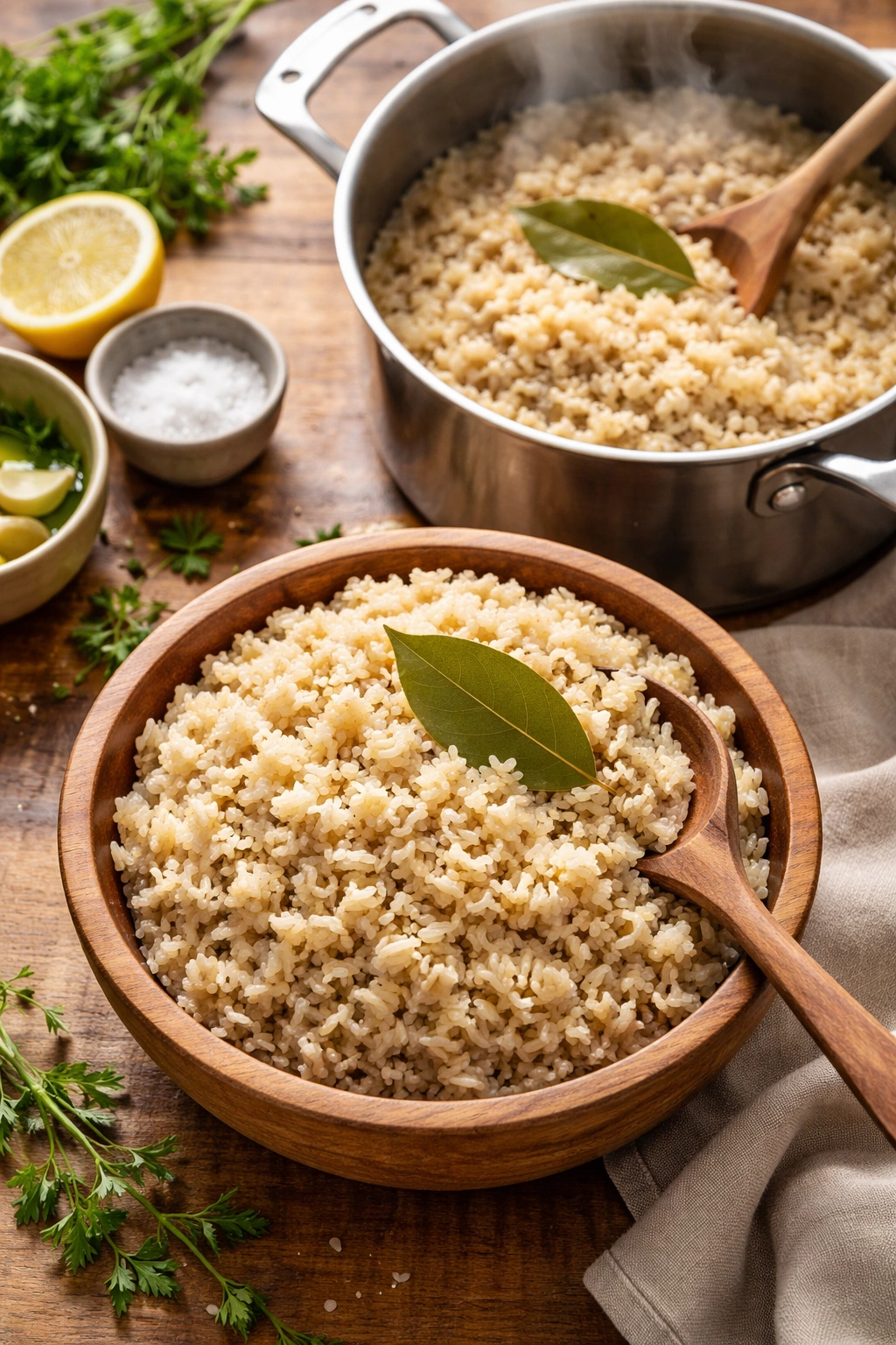 Fluffy brown rice served in a wooden bowl with a bay leaf
