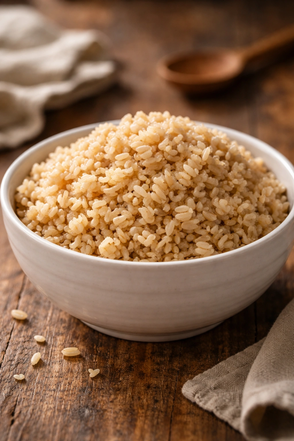 Close-up of cooked brown rice in a bowl showing nutty texture