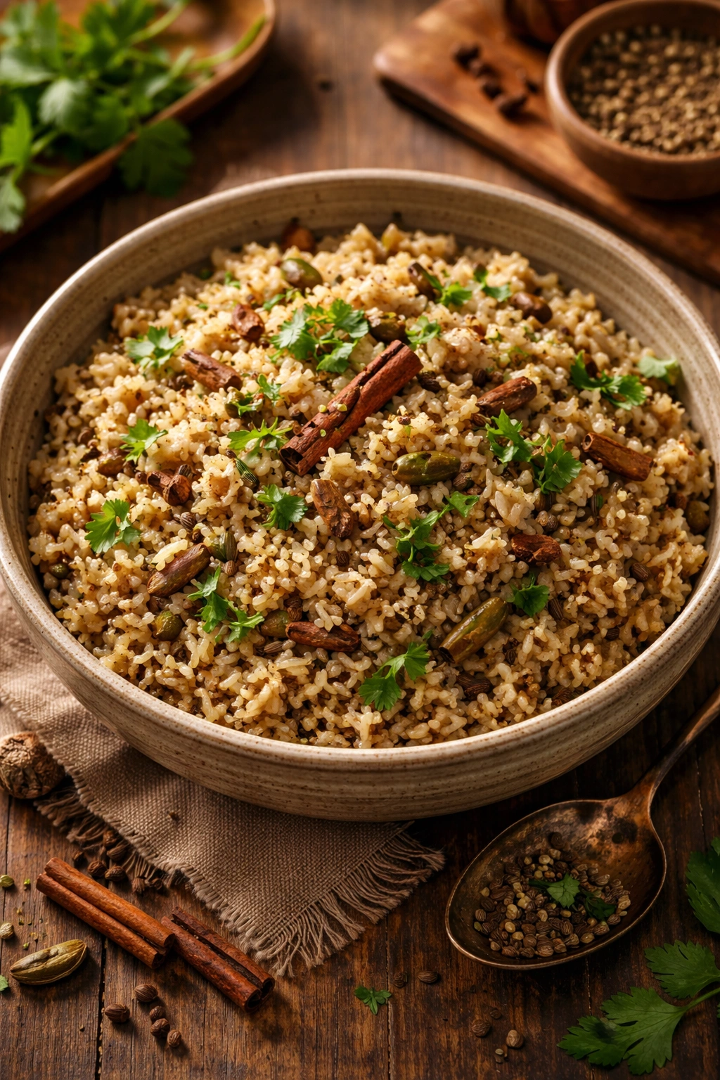 Brown rice with toasted spices and herbs in a bowl