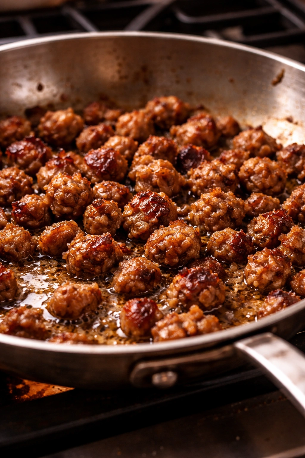 Close-up of browned sausage in a hot pan