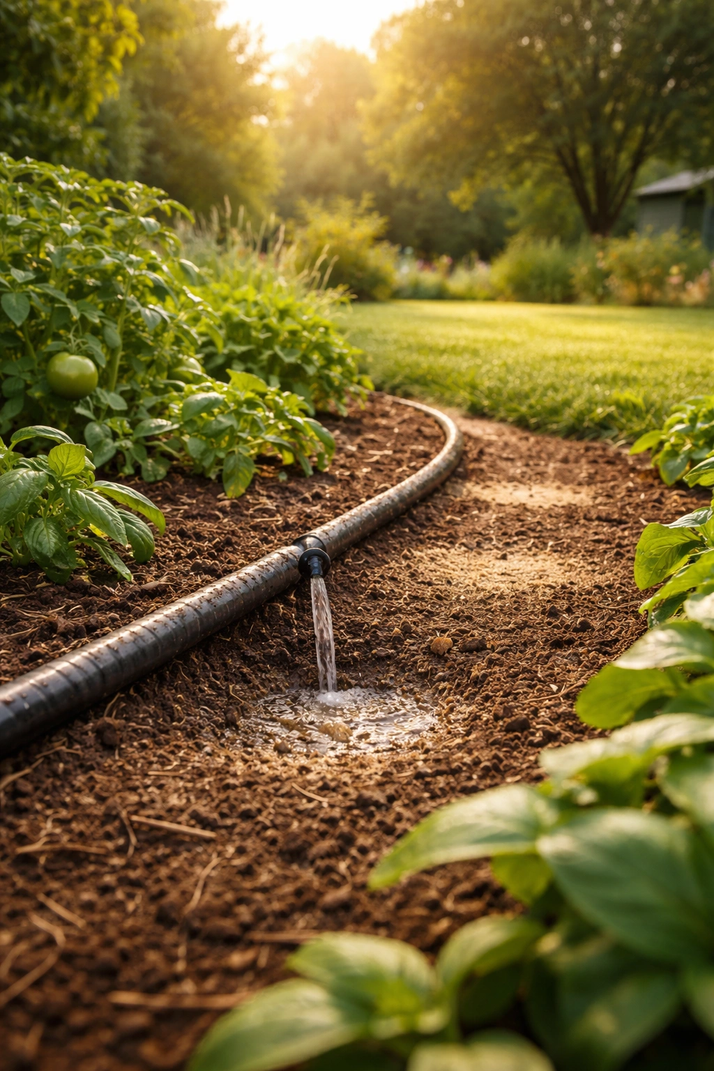 Morning garden scene showing deep watering strategy to prevent brown soil fungus in lawn and beds