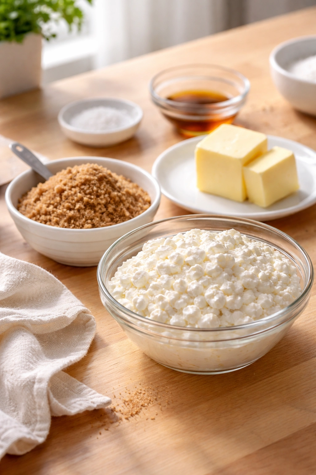Key ingredients brown sugar and butter arranged on a wooden surface