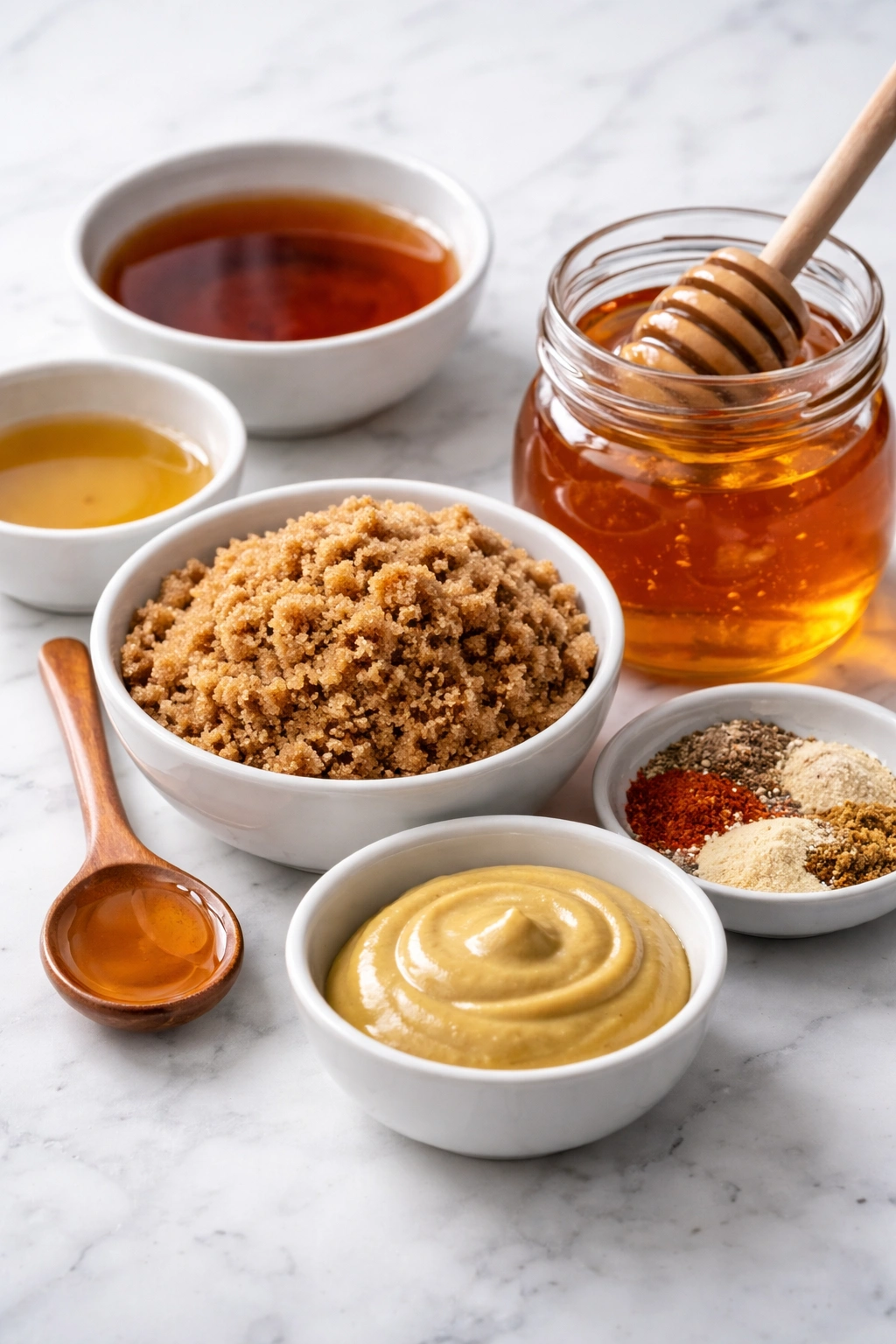 Close-up of glaze ingredients including brown sugar honey mustard and vinegar