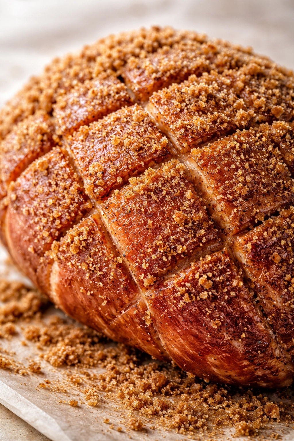 Ham with brown sugar rub visible on scored surface