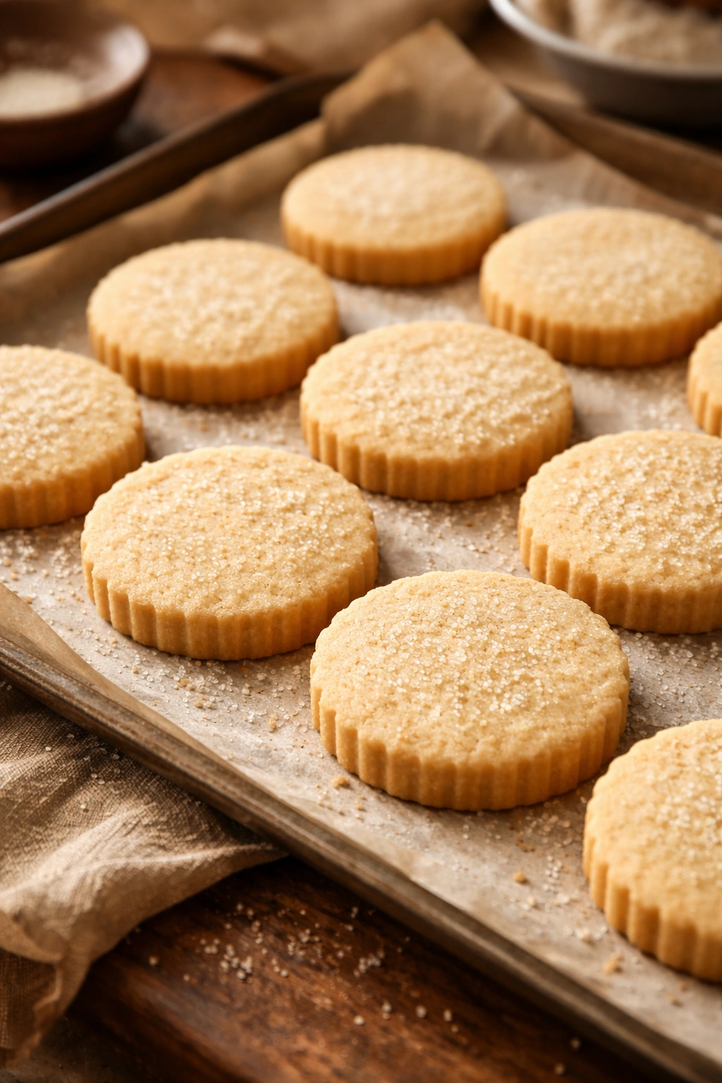 Close-up of pale golden brown sugar shortbread cookies on parchment