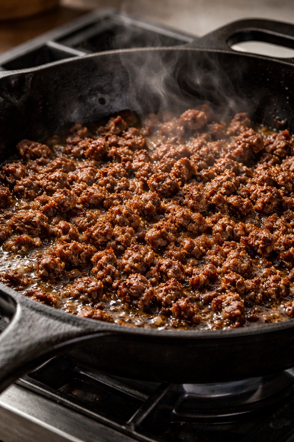 Close-up of browned ground beef crust in a skillet showing proper sear technique