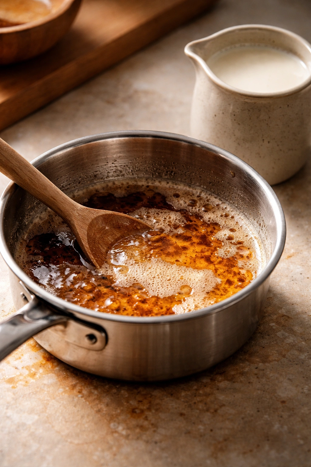 Browned butter shimmering in a saucepan with warm cream nearby
