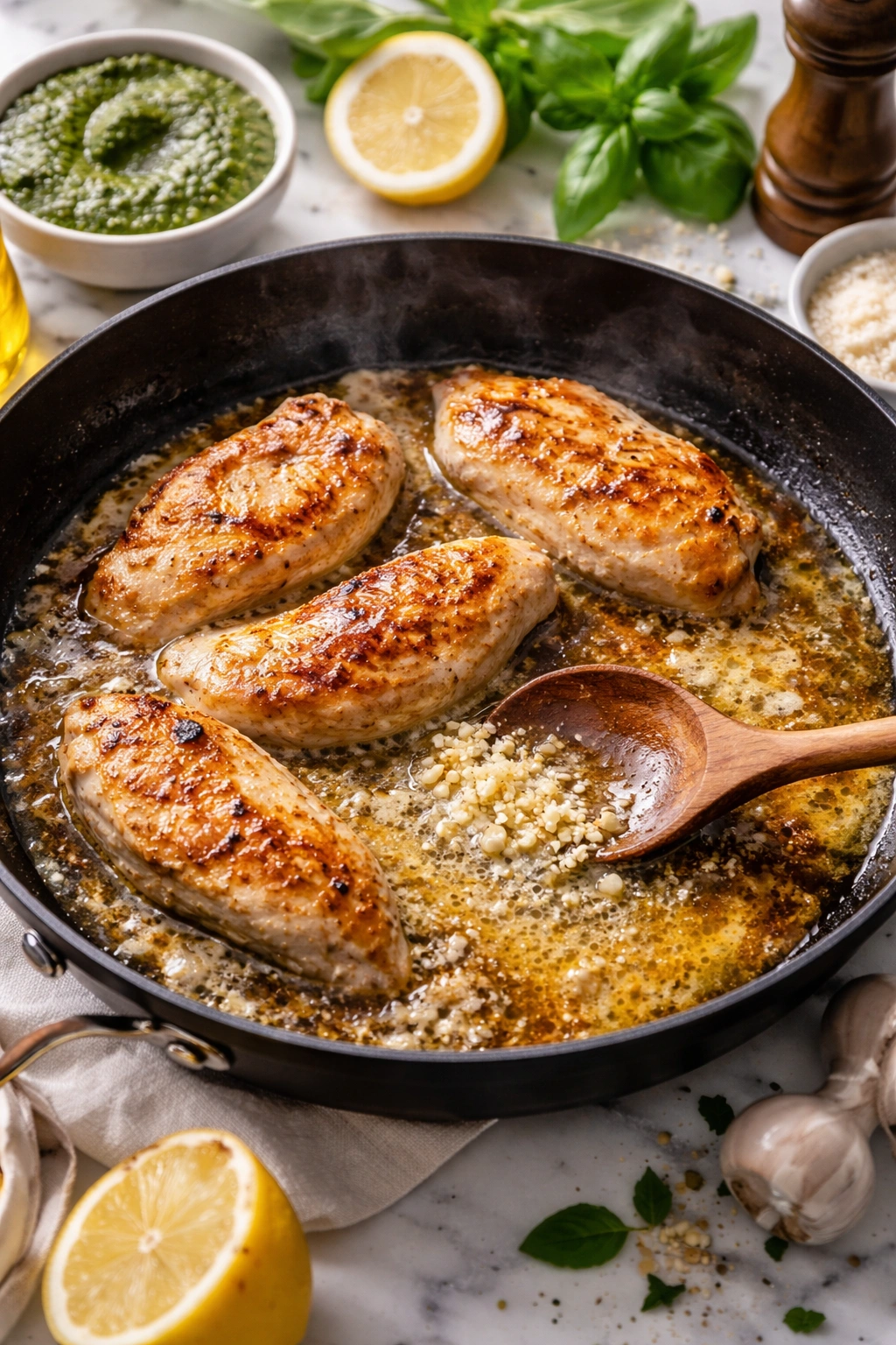 Skillet showing browned butter, garlic, and chicken in a pan
