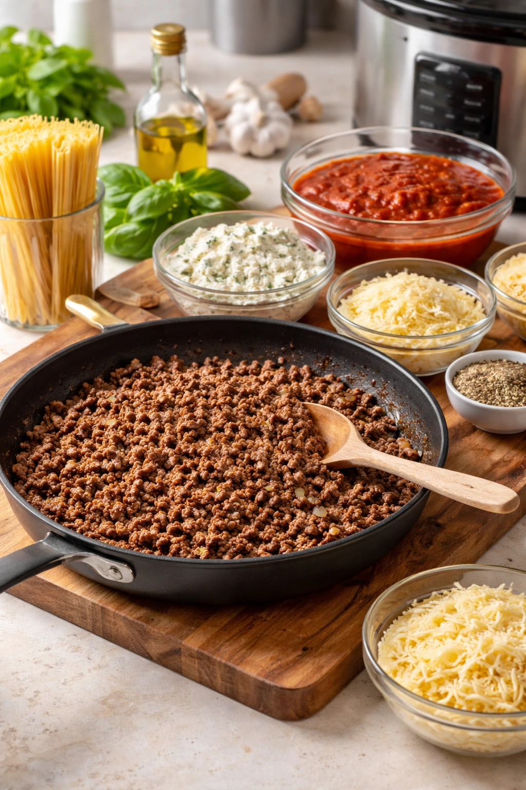 Browned ground meat in skillet on a wooden board with simple kitchen background