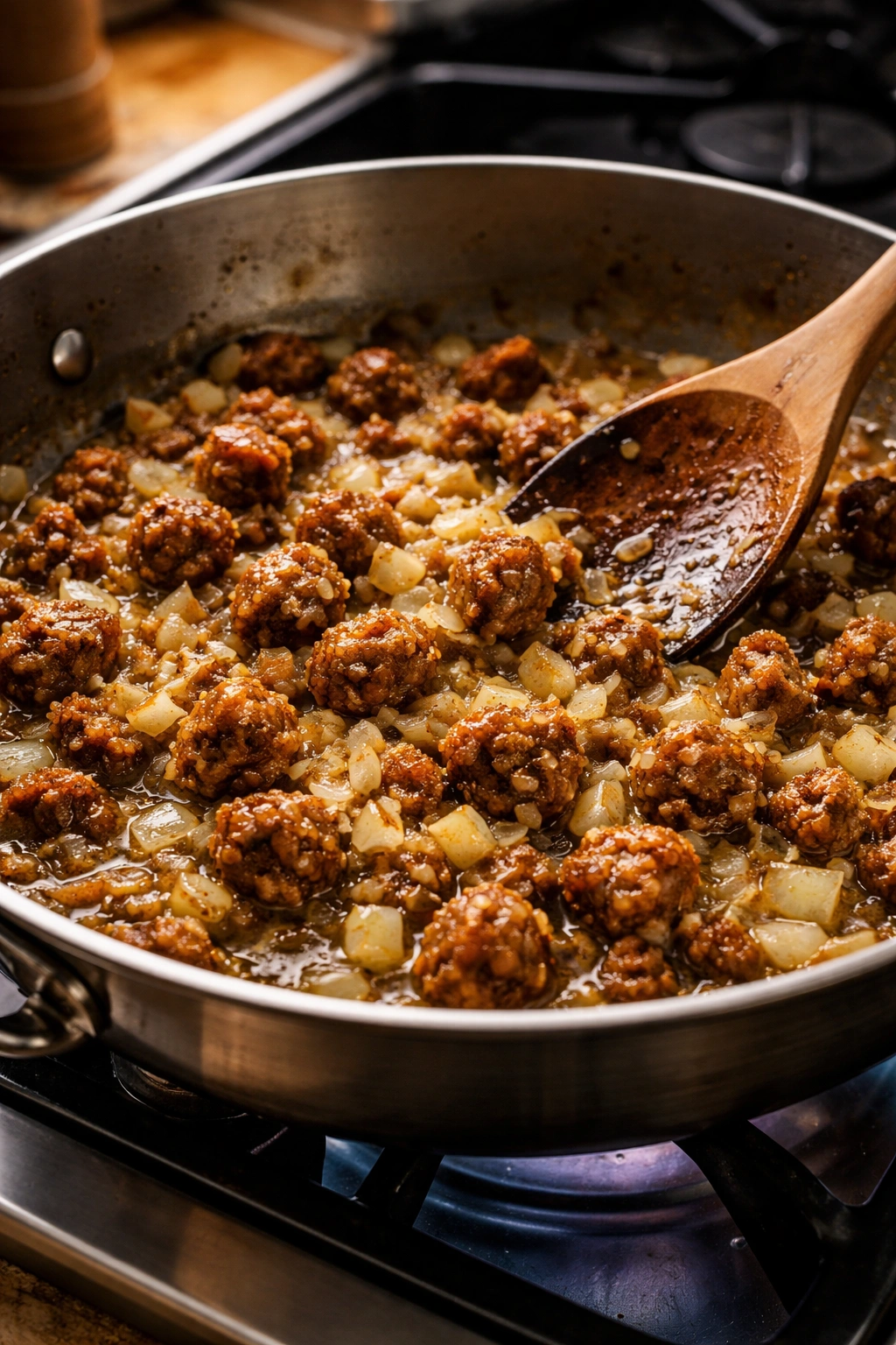 Pan with browned sausage, onions, and garlic forming the flavor base