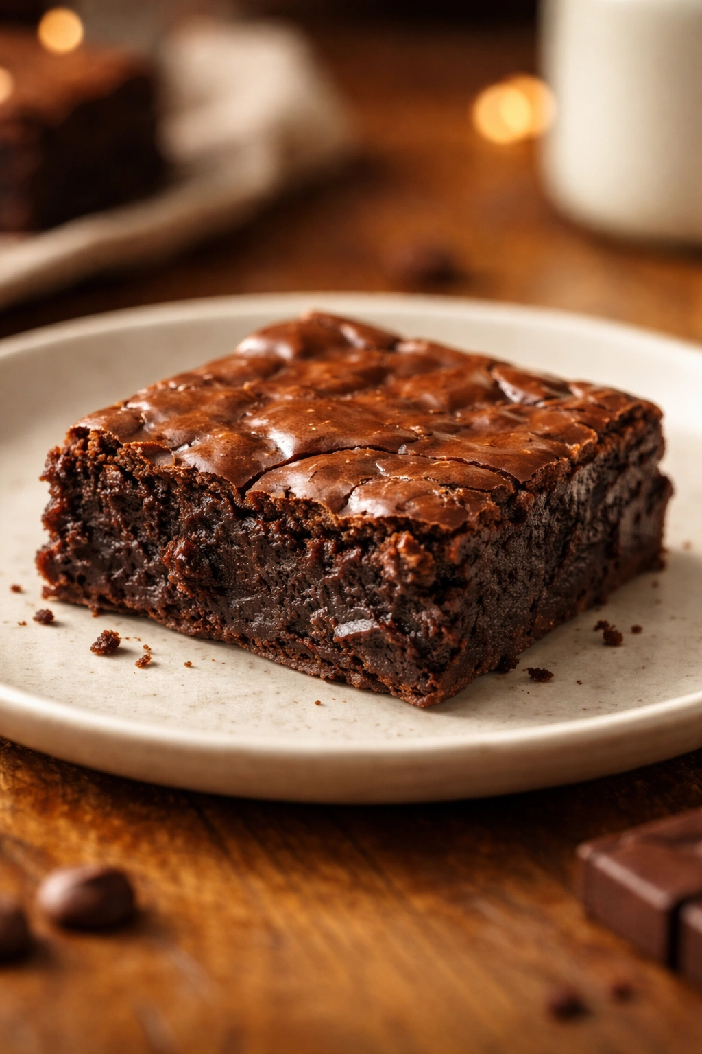 Glossy fudgy brownie on plate with warm lighting