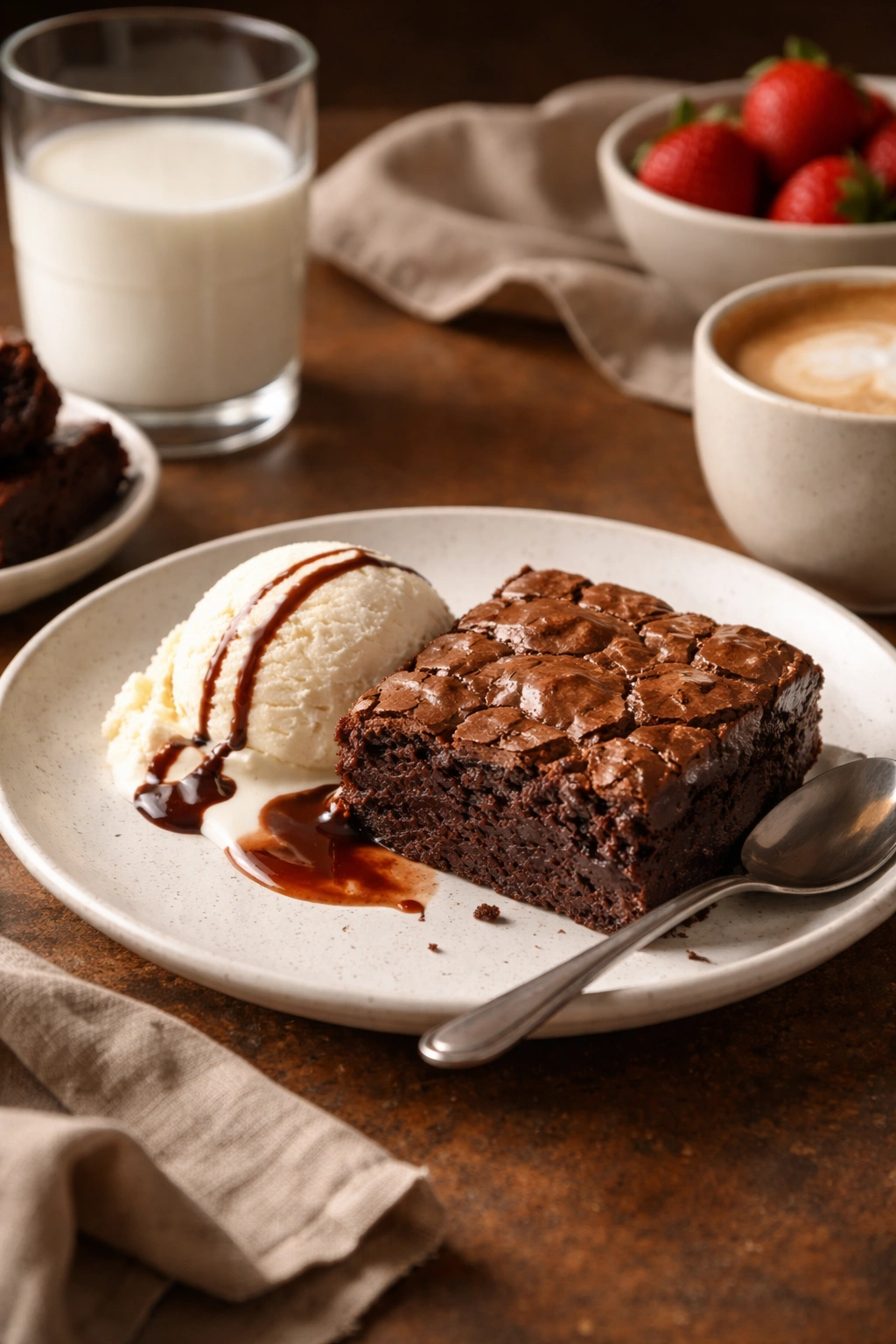 Fudgy brownie with vanilla ice cream on plate