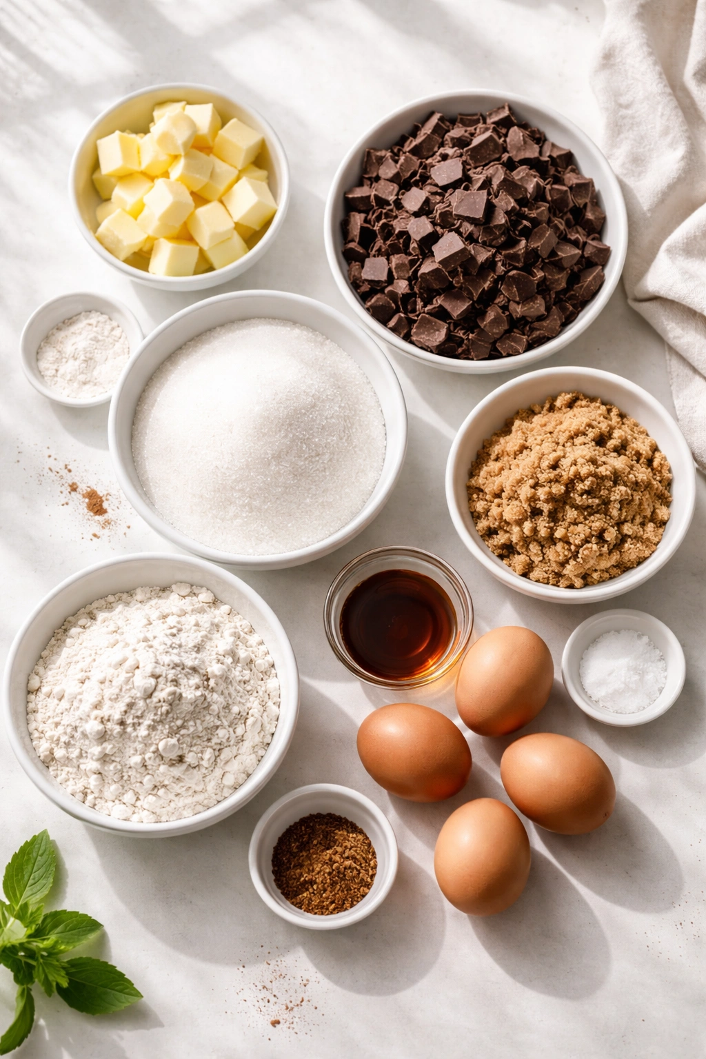 Top-down view of brownie ingredients laid out on white surface