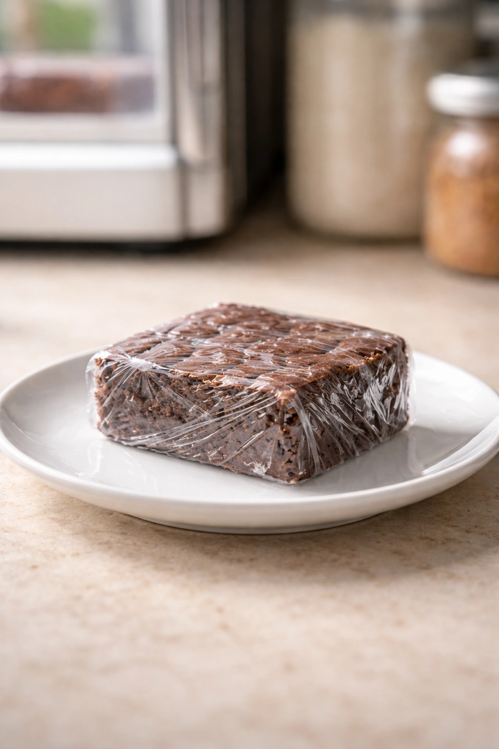 Brownie square wrapped in plastic for storage
