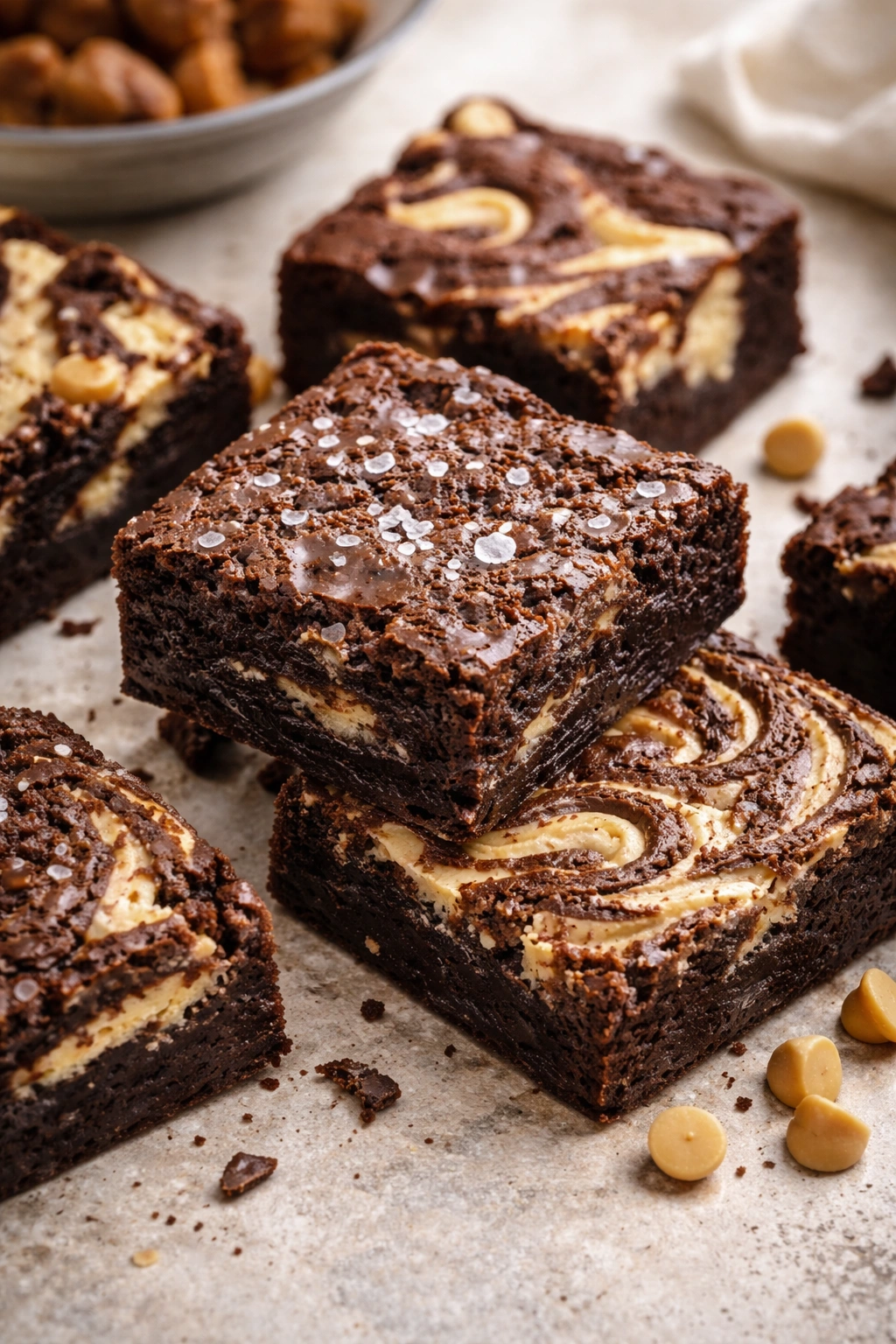 Close-up fudgy brownie square with salt crystals and flavor swirls