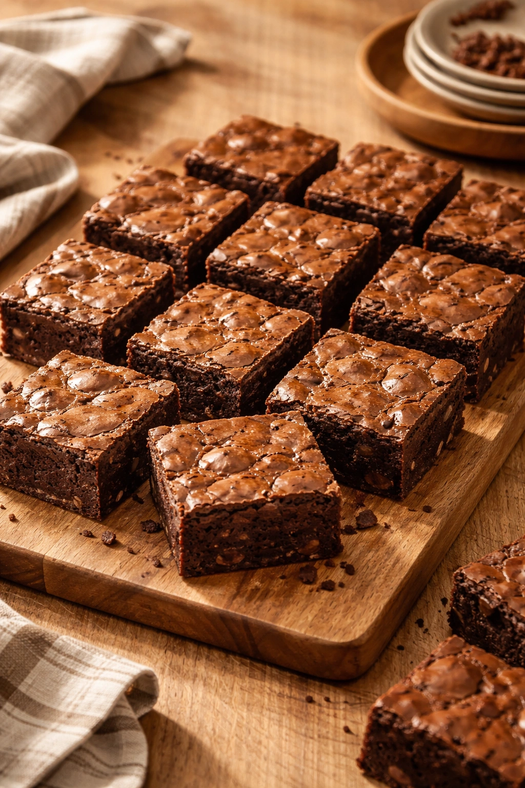 Dense fudgy brownies on a wooden board.