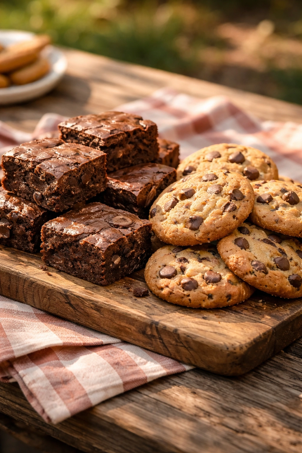 Close-up of fudgy brownies and chocolate chip cookies on a wooden board outdoors