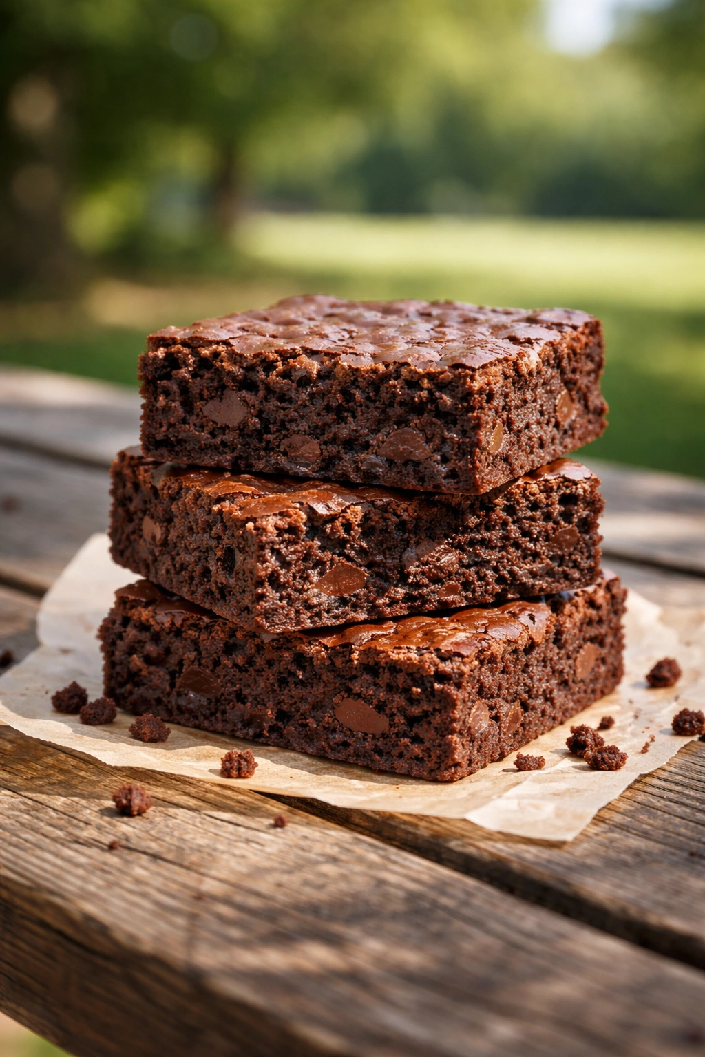 Fudgy brownies on a weathered wooden table outdoors, representing sturdy cookout desserts