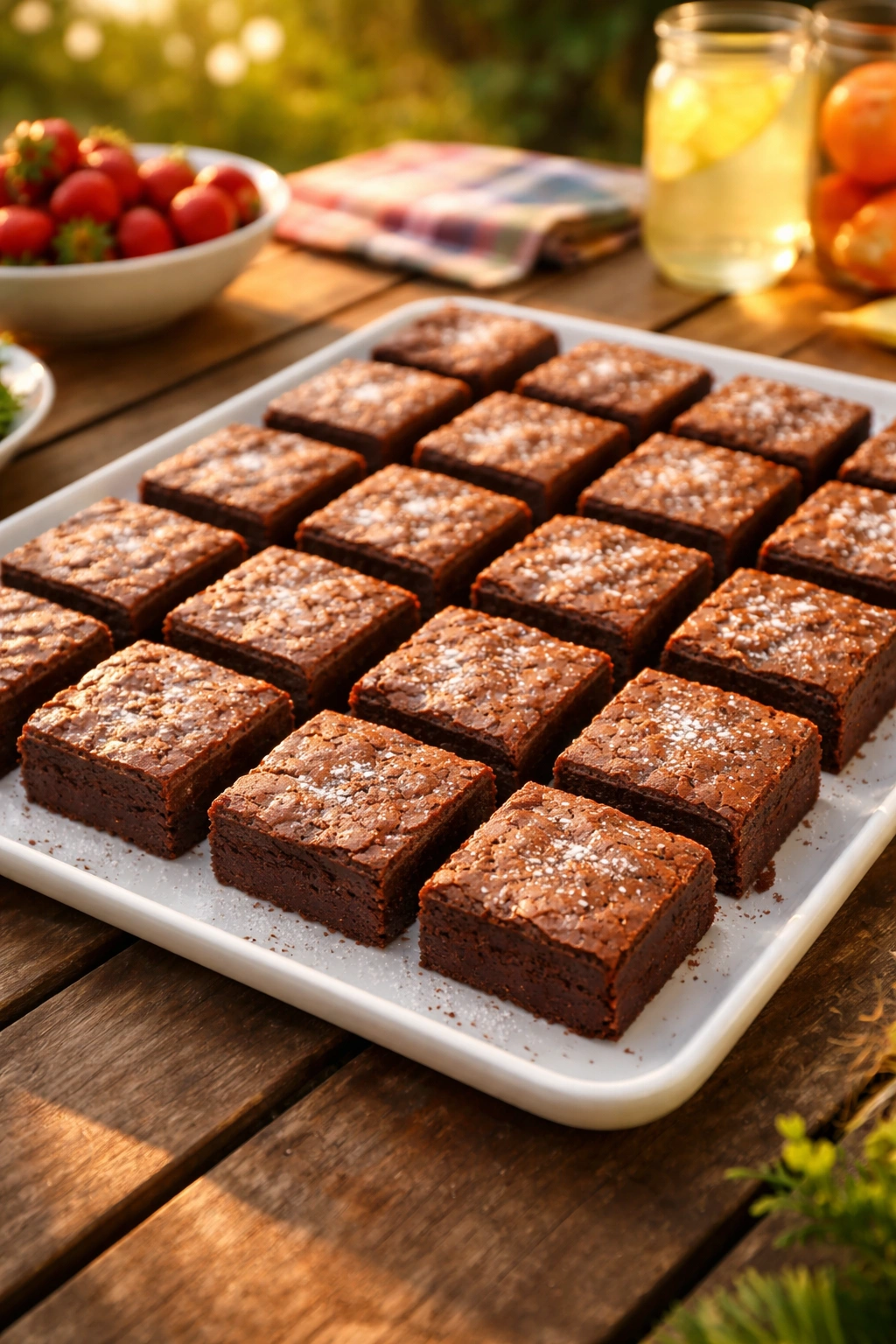 Brownies cut into squares on a serving platter