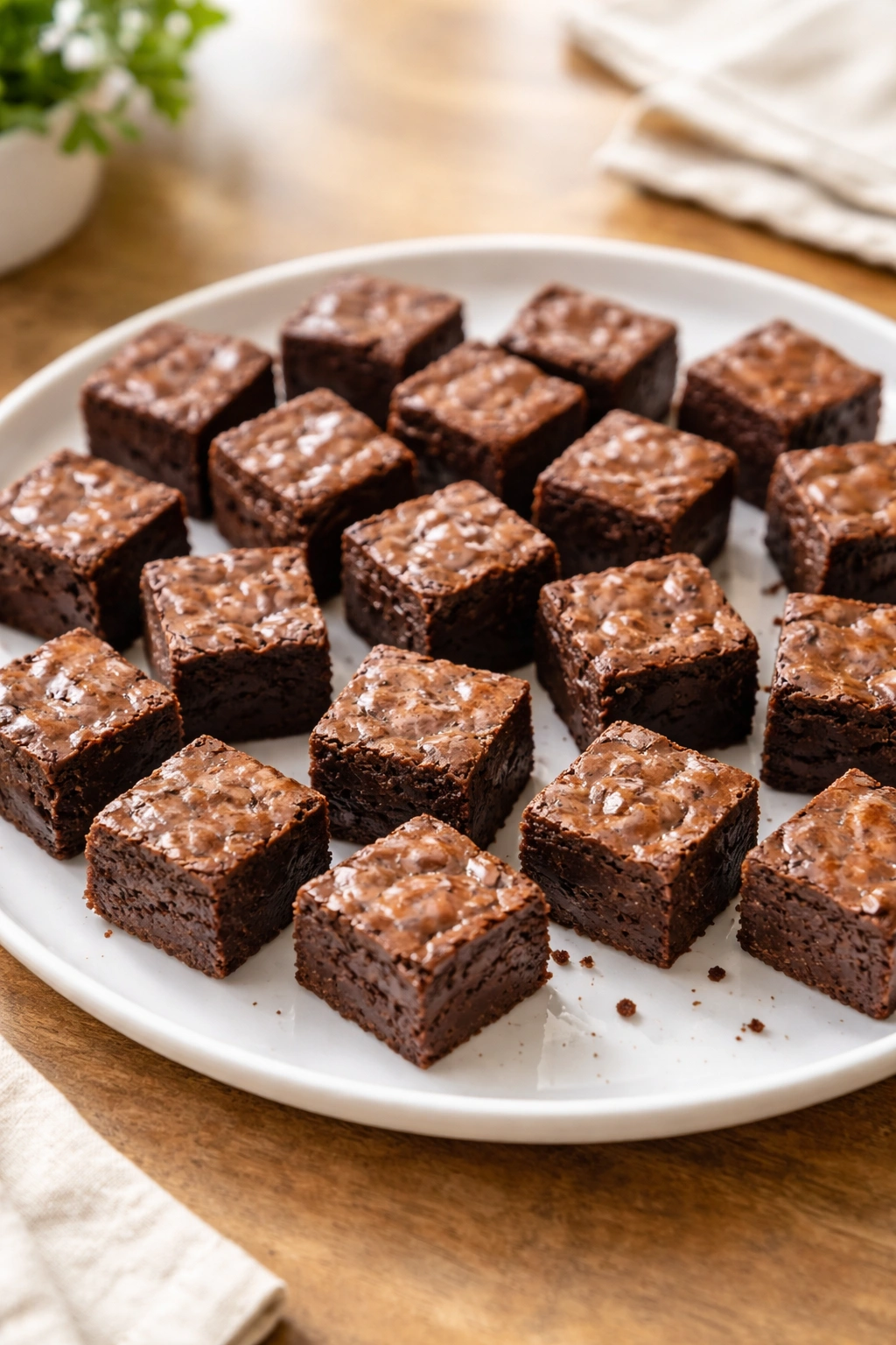 Bite-sized fudgy brownies arranged on a plate