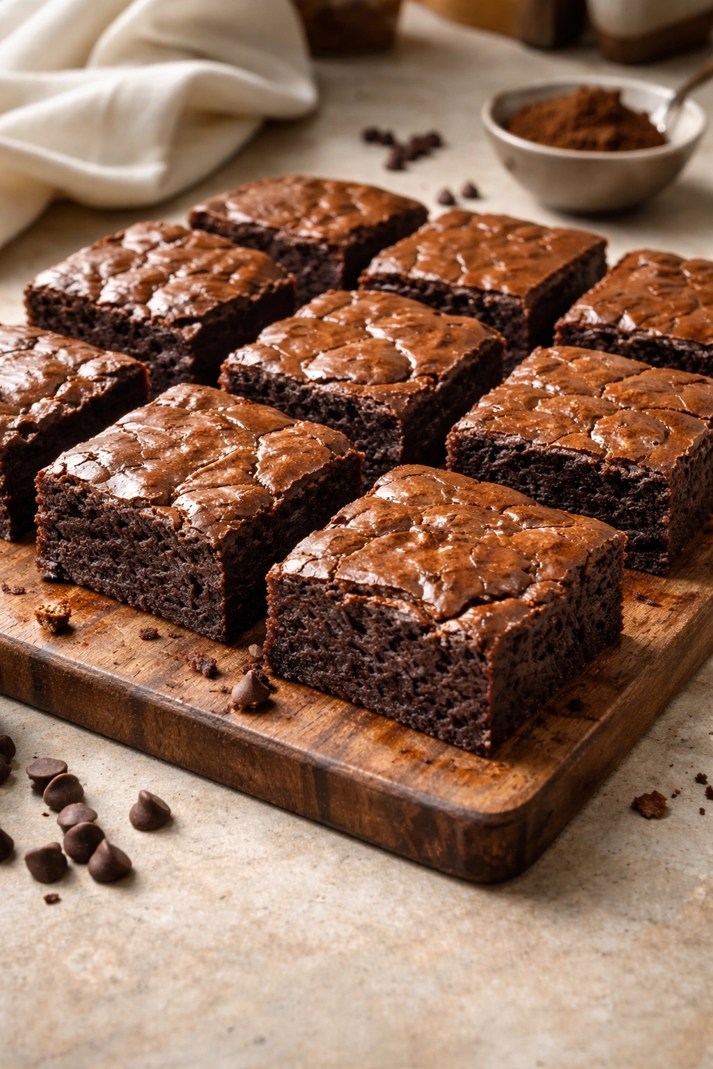 Fudgy brownies cut into squares on a wooden board.