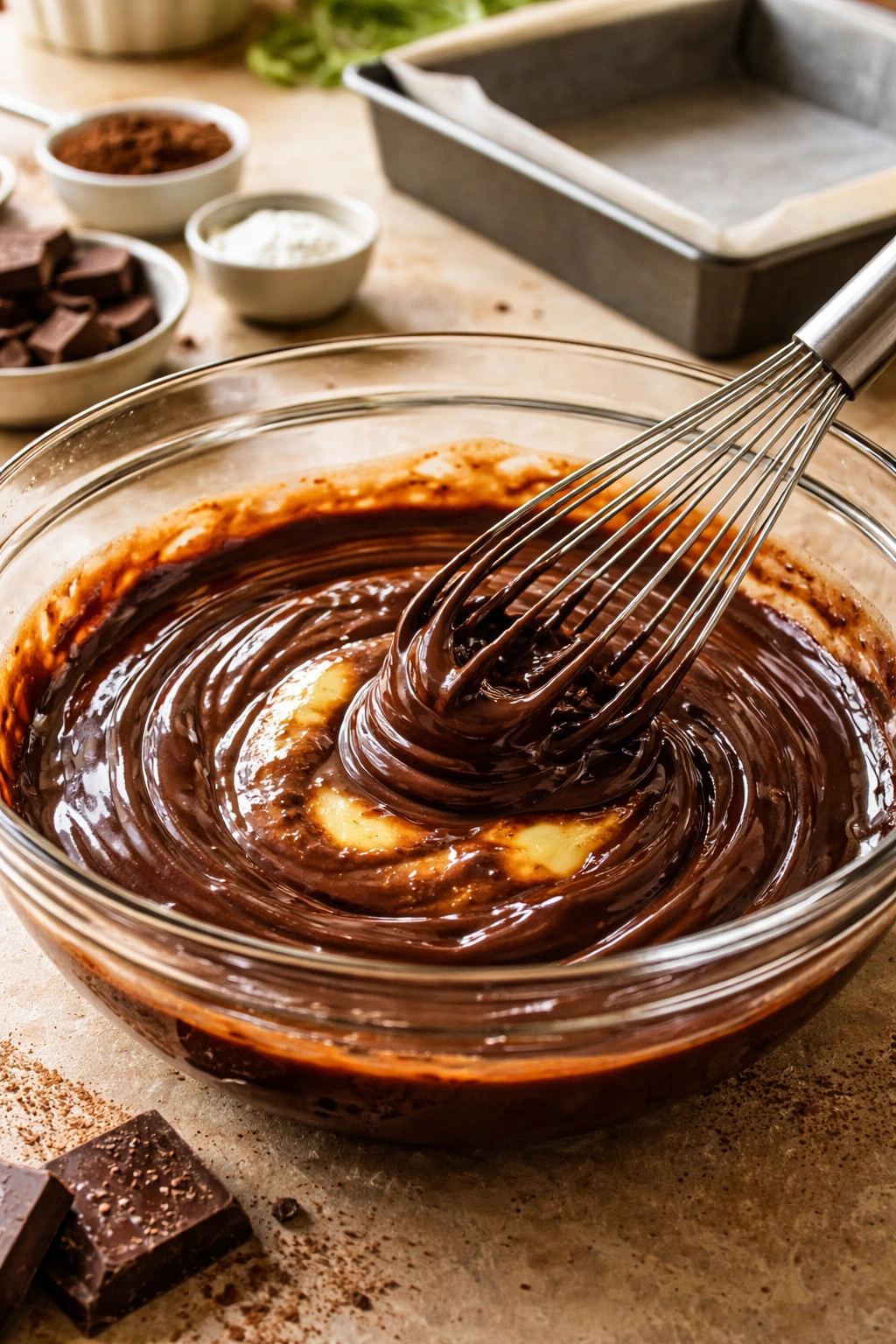 Melted chocolate and butter whisked in a bowl with parchment-lined pan in background