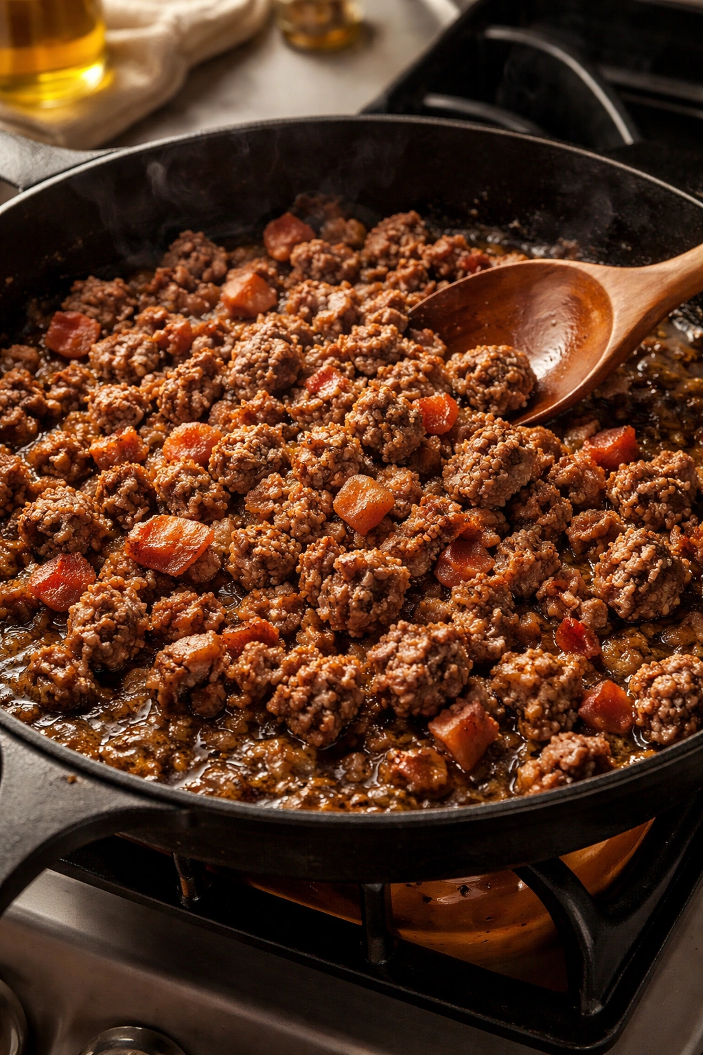 Bacon and ground beef browning in a hot skillet