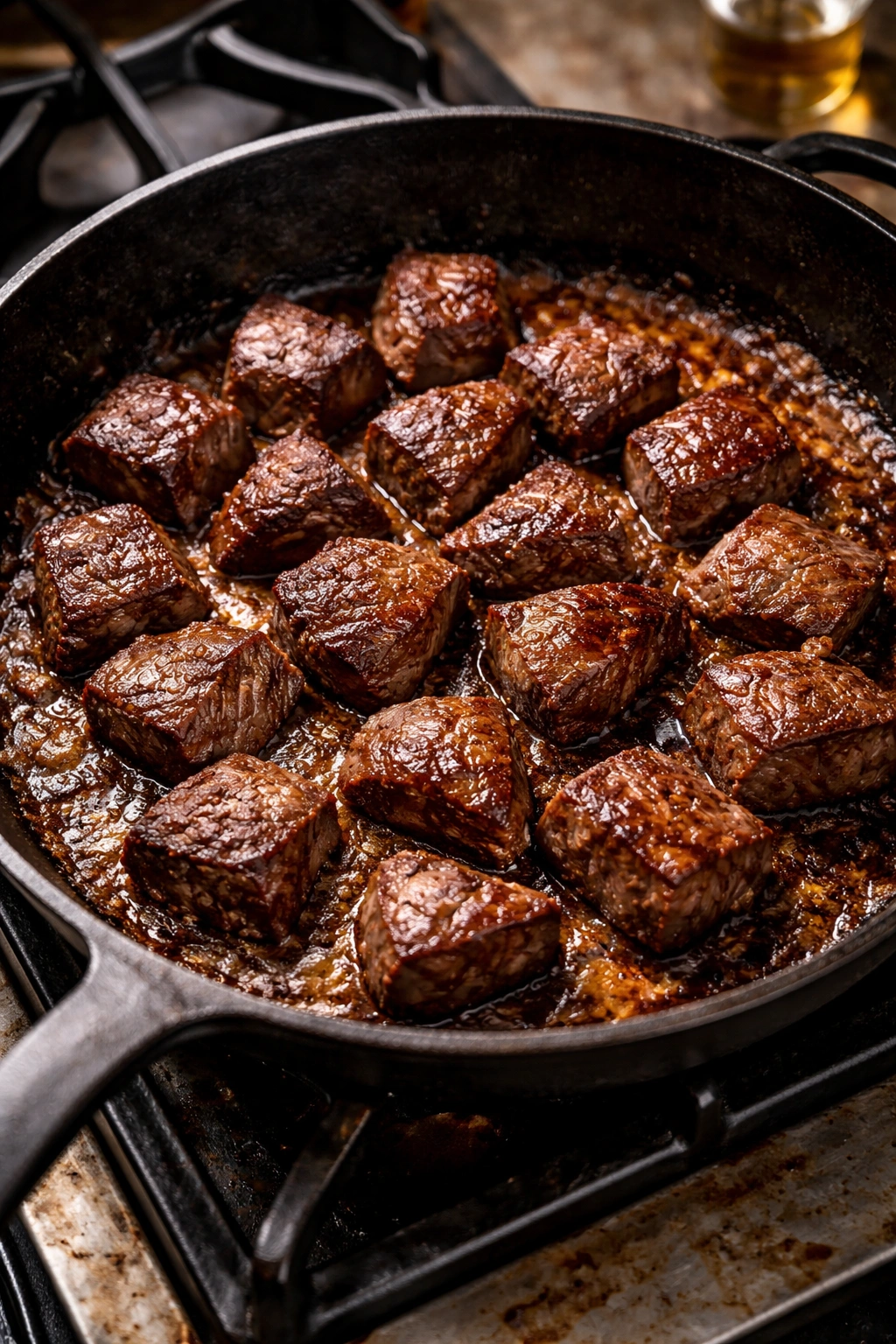 Cast-iron pan with deep golden-brown beef pieces browning, fond visible.