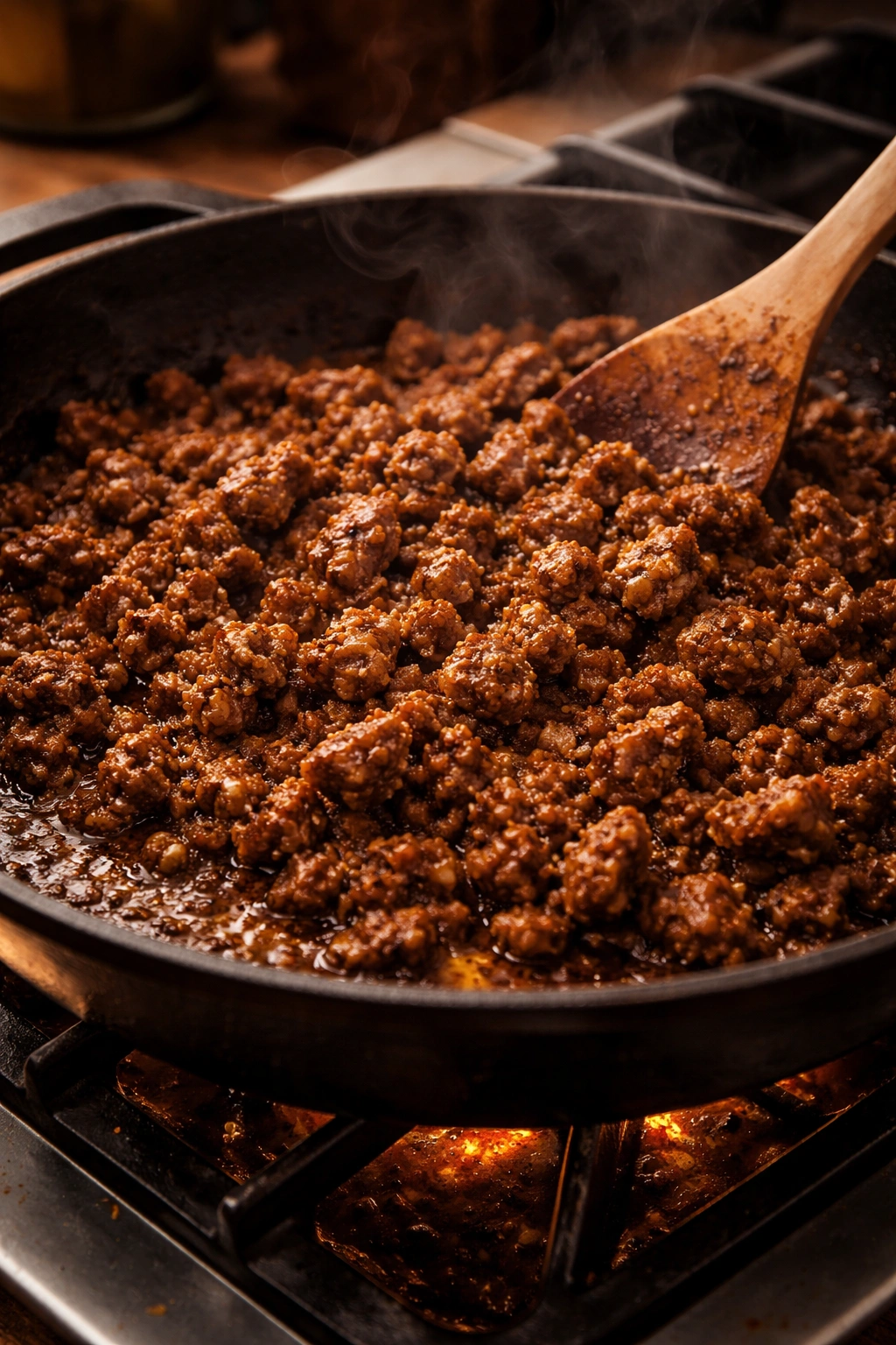 Close-up of browned ground beef in a skillet showing caramelization and spice specks