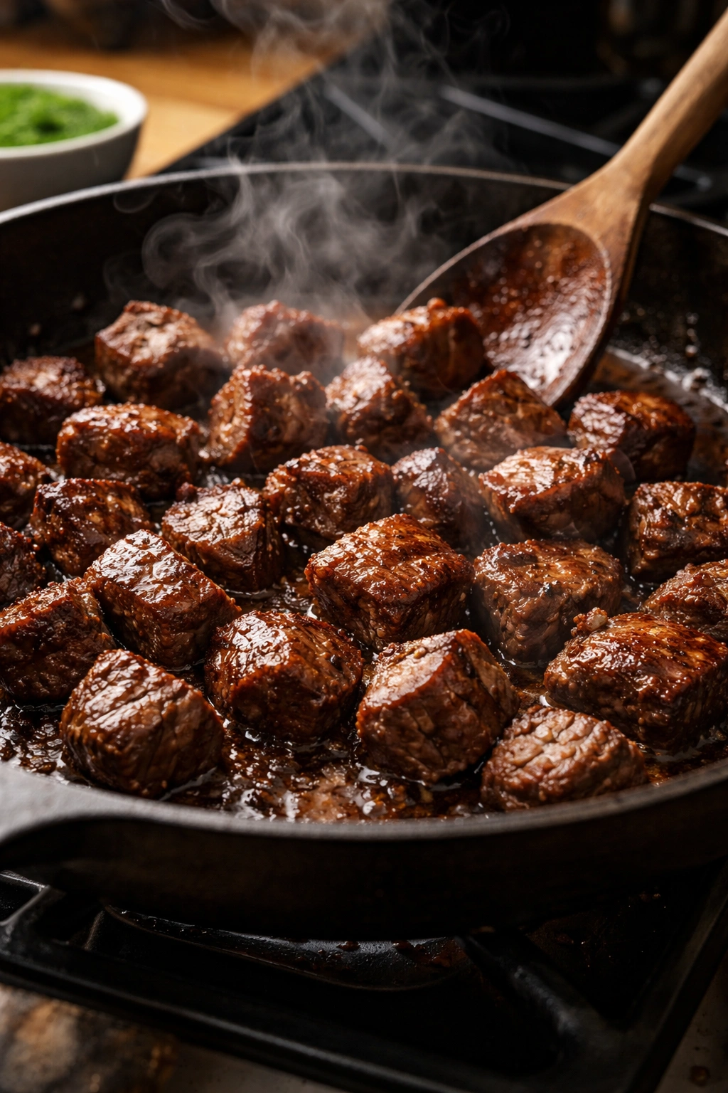 Beef browning with Maillard crust in a pan